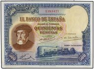 SPANISH BANK NOTES: CIVIL WAR, REPUBLICAN ZONE
500 Pesetas. 7 Enero 1935. Hernán Cortés. (Esquina inferior izquierda algo redondeada). Sin circular, ...