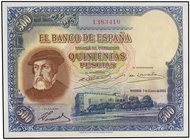 SPANISH BANK NOTES: CIVIL WAR, REPUBLICAN ZONE
500 Pesetas. 7 Enero 1935. Hernán Cortés. (Esquina inferior izquierda con leves rozaduras). Sin circul...