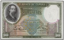 SPANISH BANK NOTES: CIVIL WAR, REPUBLICAN ZONE
1.000 Pesetas. 25 Abril 1931. José Zorrilla. Numerado 0.000.000 y SPECIMEN en taladro. Ed-362M. SC.