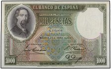SPANISH BANK NOTES: CIVIL WAR, REPUBLICAN ZONE
1.000 Pesetas. 25 Abril 1931. Zorrilla. (Leves arrugas en el margen superior). Sin circular, con todo ...