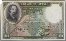 SPANISH BANK NOTES: CIVIL WAR, REPUBLICAN ZONE
1.000 Pesetas. 25 Abril 1931. Zorrilla. (Falta de papel en el ángulo superior izquierdo y manchas en l...