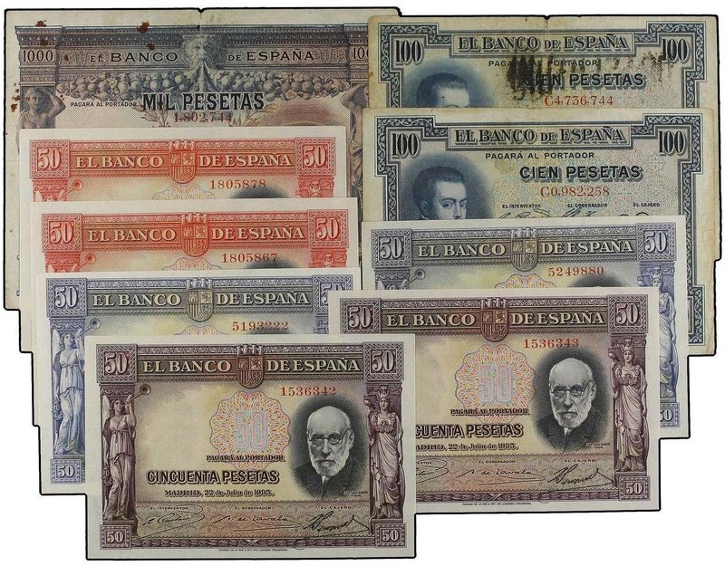 SPANISH BANK NOTES
Lote 9 billetes 50 (6), 100 (2) y 1.000 Pesetas. 1925 a 1935...