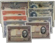 SPANISH BANK NOTES
Lote 9 billetes 50 (6), 100 (2) y 1.000 Pesetas. 1925 a 1935. Incluye: 100 Pesetas 1925 Felipe II, uno con dos taladros e INUTILIZ...