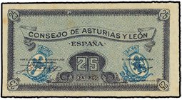 SPANISH BANK NOTES: CIVIL WAR, REPUBLICAN ZONE
25 Céntimos. 1937. CONSEJO DE ASTURIAS Y LEÓN. Sin Serie ni numeración. Ed-394. SC.