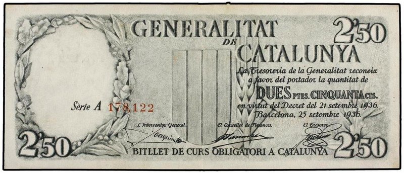 SPANISH BANK NOTES: CIVIL WAR, REPUBLICAN ZONE
2,50 Pessetes. 25 Setembre 1936....