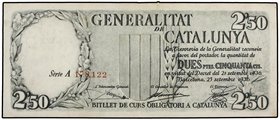 SPANISH BANK NOTES: CIVIL WAR, REPUBLICAN ZONE
2,50 Pessetes. 25 Setembre 1936. GENERALITAT DE CATALUNYA. Numeración en rojo. (Pequeñas manchitas). E...