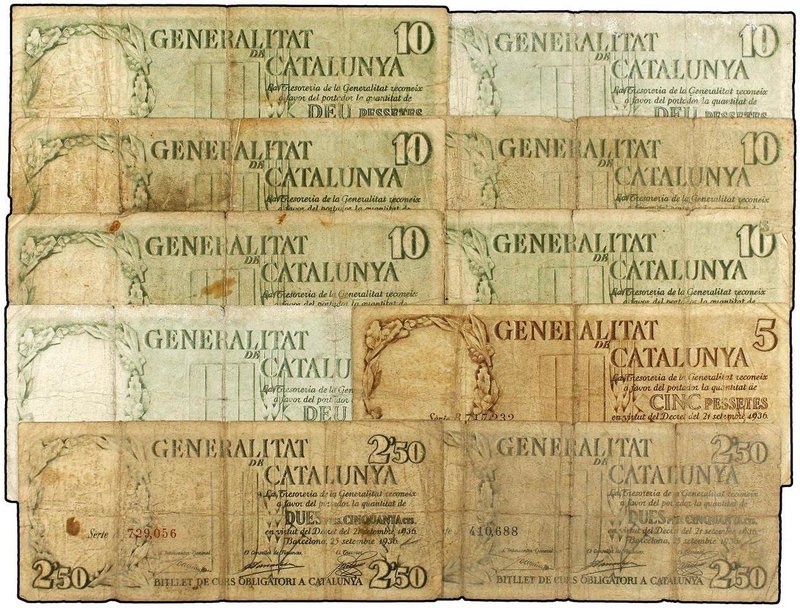 SPANISH BANK NOTES: CIVIL WAR, REPUBLICAN ZONE
Lote 10 billetes 2,50 (2), 5, 10...