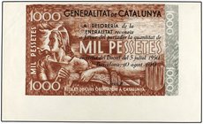 SPANISH BANK NOTES: CIVIL WAR, REPUBLICAN ZONE
Prueba de Imprenta 1.000 Pesetas. 10 Agost 1950. GENERALITAT DE CATALUNYA. Anverso marrón y reverso ve...