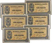 SPANISH BANK NOTES: CIVIL WAR, REPUBLICAN ZONE
Lote 6 billetes 100 Pesetas. Septiembre 1937. EL BANCO DE ESPAÑA. GIJÓN. 2 de ellos con sello en seco:...