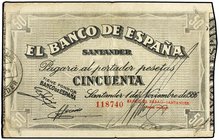 SPANISH BANK NOTES: CIVIL WAR, REPUBLICAN ZONE
50 Pesetas. 1 Noviembre 1936. EL BANCO DE ESPAÑA. SANTANDER. Antefirma Banco de Bilbao. (Leves roturas...