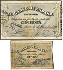 SPANISH BANK NOTES: CIVIL WAR, REPUBLICAN ZONE
Lote 2 billetes 5 Y 50 Pesetas. 1 Noviembre 1936. EL BANCO DE ESPAÑA. SANTANDER. Antefirmas Banco Espa...