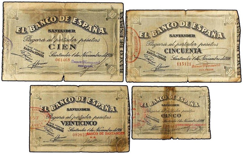 SPANISH BANK NOTES: CIVIL WAR, REPUBLICAN ZONE
Lote 4 billetes 5, 25, 50, 100 P...