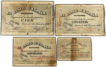 SPANISH BANK NOTES: CIVIL WAR, REPUBLICAN ZONE
Lote 4 billetes 5, 25, 50, 100 Pesetas. 1 Noviembre 1936. BANCO DE ESPAÑA. SANTANDER. Antefirmas: 5 Ba...