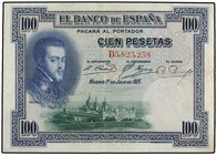 SPANISH BANK NOTES: ESTADO ESPAÑOL
100 Pesetas. 1 Julio 1925. Felipe II . Doble sello en seco; Sello República 1931 y ESTADO ESPAÑOL-BURGOS. Ed-410A....