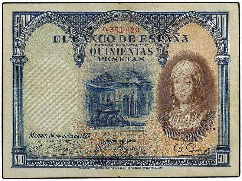 SPANISH BANK NOTES: ESTADO ESPAÑOL
500 Pesetas. 24 Julio 1927. Isabel la Católi...