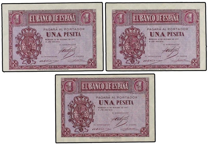 SPANISH BANK NOTES: ESTADO ESPAÑOL
Lote 3 billetes 1 Peseta. 12 Octubre 1937. S...