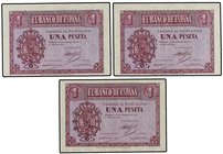 SPANISH BANK NOTES: ESTADO ESPAÑOL
Lote 3 billetes 1 Peseta. 12 Octubre 1937. Serie E Pareja correlativa y serie F. Ed-425a. MBC+ a EBC+.