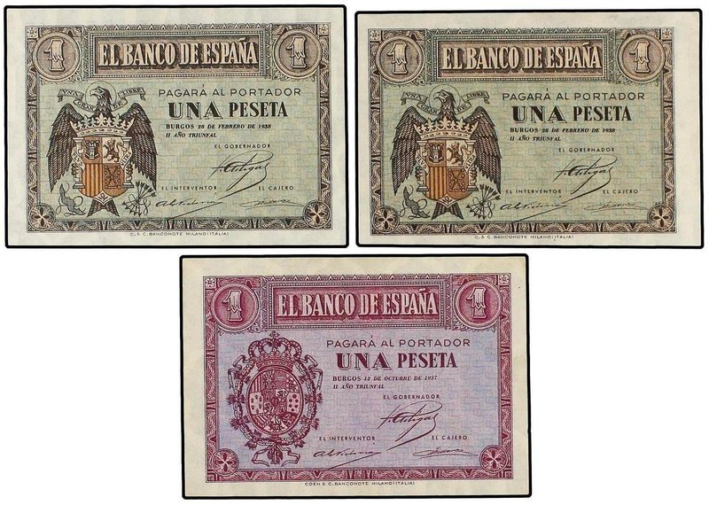 SPANISH BANK NOTES: ESTADO ESPAÑOL
Lote 3 billetes 1 Peseta. 12 Octubre 1937 y ...