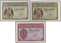 SPANISH BANK NOTES: ESTADO ESPAÑOL
Lote 3 billetes 1 Peseta. 12 Octubre 1937 y 28 Febrero 1938 (2). A EXAMINAR. Ed-425a, 427a, 427b. SC- a SC.