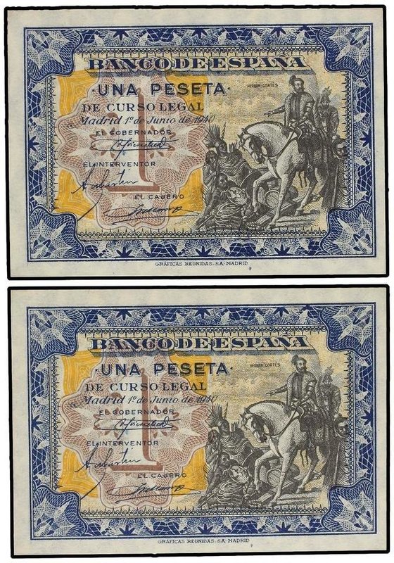 SPANISH BANK NOTES: ESTADO ESPAÑOL
Lote 2 billetes 1 Peseta. 1 Junio 1940. Hern...