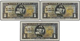 SPANISH BANK NOTES: ESTADO ESPAÑOL
Lote 3 billetes 1 Peseta. 4 Septiembre 1940. Carabela. Serie D. Trío correlativo. Ed-442a. SC- a SC.