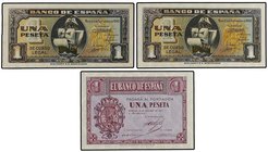 SPANISH BANK NOTES: ESTADO ESPAÑOL
Lote 3 billetes 1 Peseta. 12 Octubre 1937 y 4 Septiembre 1940. Carabela Series A y B. A EXAMINAR. Ed-425, 442a (2)...