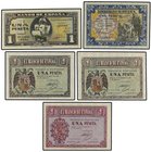 SPANISH BANK NOTES: ESTADO ESPAÑOL
Lote 5 billetes 1 Peseta. 1937 a 1940. 12 Octubre 1937 Serie F, 28 Febrero 1938 Serie G, 30 Abril 1938 Serie C, He...