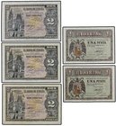 SPANISH BANK NOTES: ESTADO ESPAÑOL
Lote 5 billetes 1(2) y 2(3) Pesetas. 28 Febrero y 30 Abril 1938. Ed-427, 427a, 429a(3). EBC a SC.
