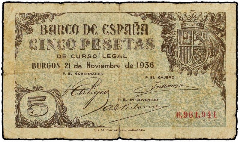 SPANISH BANK NOTES: ESTADO ESPAÑOL
5 Pesetas. 21 Noviembre 1936. (Pequeñas rotu...