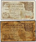 SPANISH BANK NOTES: ESTADO ESPAÑOL
Lote 2 billetes 5 Pesetas. 21 Noviembre 1936. (Reparaciones múltiples, uno de 5 pesetas plastificado de forma no p...