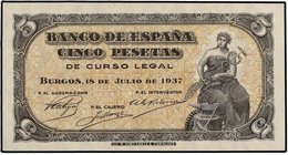 SPANISH BANK NOTES: ESTADO ESPAÑOL
5 Pesetas. 18 julio 1937. Portabella. Serie C. Ed-424a. SC-.