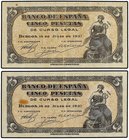 SPANISH BANK NOTES: ESTADO ESPAÑOL
Lote 2 billetes 5 Pesetas. 18 Julio 1937. Portabella. Serie A y C. (Manchitas). Ed-424a. MBC+.