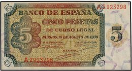 SPANISH BANK NOTES: ESTADO ESPAÑOL
5 Pesetas. 10 Agosto 1938. Serie A. (Leves arruguitas). Ed-435. SC.