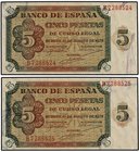 SPANISH BANK NOTES: ESTADO ESPAÑOL
Lote 2 billetes 5 Pesetas. 10 Agosto 1938. Serie B. Pareja correlativa. (uno doblez en esquina). Ed-435. SC- y SC....