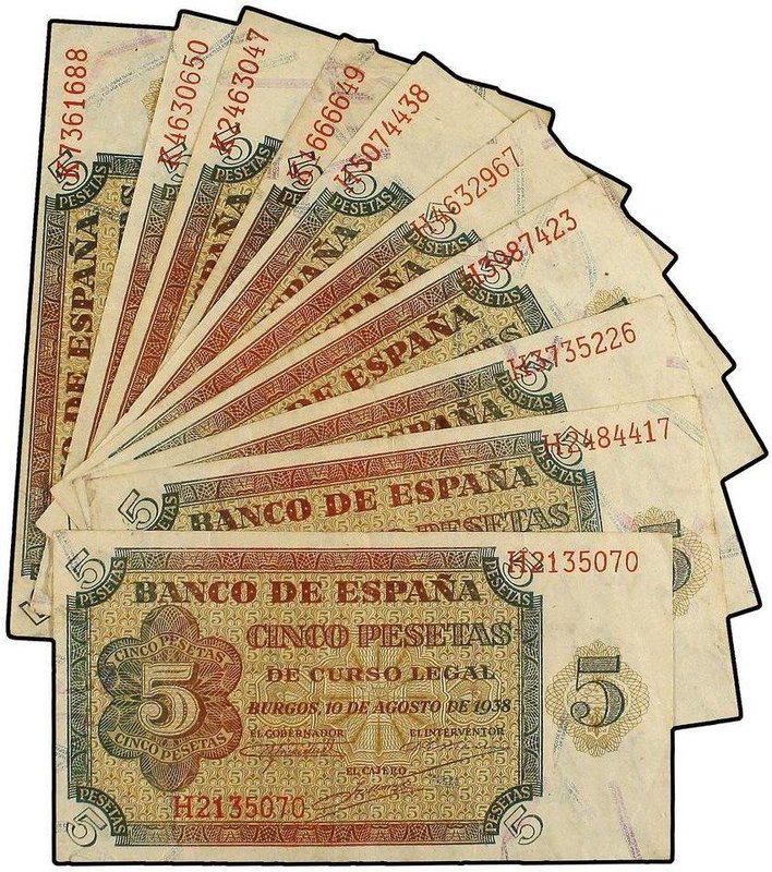 SPANISH BANK NOTES: ESTADO ESPAÑOL
Lote 10 billetes 5 Pesetas. 10 Agosto 1938. ...