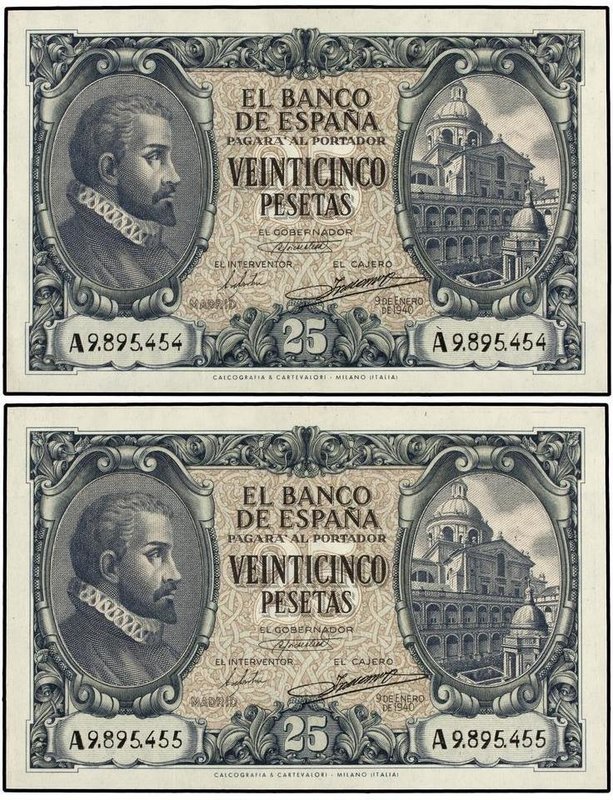 SPANISH BANK NOTES: ESTADO ESPAÑOL
Lote 2 billetes 25 Pesetas. 9 Enero 1940. He...