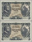 SPANISH BANK NOTES: ESTADO ESPAÑOL
Lote 2 billetes 25 Pesetas. 9 Enero 1940. Herrera. Serie A. Pareja correlativa. Ed-436. EBC+.