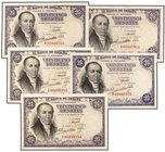 SPANISH BANK NOTES: ESTADO ESPAÑOL
 Lote 5 billetes 25 Pesetas . 19 Febrero 1946 . Flórez Estrada. Series D, F, G y I. Contiene una pareja correlativ...