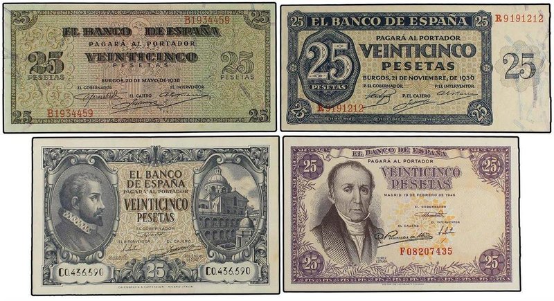 SPANISH BANK NOTES: ESTADO ESPAÑOL
Lote 4 billetes 25 Pesetas. 1936, 1938, 1940...