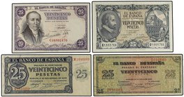 SPANISH BANK NOTES: ESTADO ESPAÑOL
Lote 4 billetes 25 Pesetas. 1936, 1938, 1940 y 1946. 21 Noviembre 1936 Serie N, Giralda de Sevilla Serie D, Herrer...