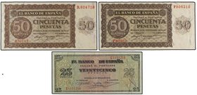 SPANISH BANK NOTES: ESTADO ESPAÑOL
Lote 3 billetes 25 y 50 Pesetas (2). 21 Noviembre 1936 (2), 20 Mayo 1938. Serie E, F y R. A EXAMINAR. Ed-420a (2),...