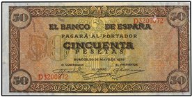 SPANISH BANK NOTES: ESTADO ESPAÑOL
50 Pesetas. 20 Mayo 1938. Castillo de Olite. Serie D. Ed-431a. MBC+.