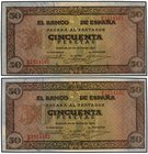 SPANISH BANK NOTES: ESTADO ESPAÑOL
Lote 2 billetes 50 Pesetas. 20 Mayo 1938. Castillo de Olite. Serie E. Pareja correlativa. Ed-431a. SC.