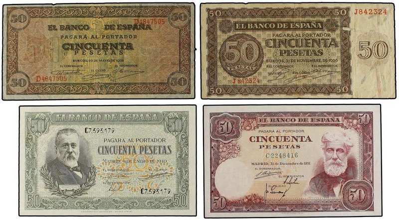 SPANISH BANK NOTES: ESTADO ESPAÑOL
Lote 4 billetes 50 Pesetas. 1936 a 1951. 21 ...