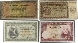 SPANISH BANK NOTES: ESTADO ESPAÑOL
Lote 4 billetes 50 Pesetas. 1936 a 1951. 21 Noviembre 1936 Serie J, Castillo de Olite Serie D, Menéndez y Pelayo S...