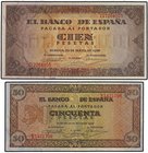 SPANISH BANK NOTES: ESTADO ESPAÑOL
Lote 2 billetes 50 y 100 Pesetas. 20 Mayo 1938. Castillo de Olite Serie E, Casa del Cordón Serie G. Ed-431a, 432a....