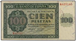 SPANISH BANK NOTES: ESTADO ESPAÑOL
100 Pesetas. 21 Noviembre 1936. Catedral de Burgos Serie Q. Ed-421a. SC-.