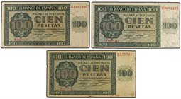 SPANISH BANK NOTES: ESTADO ESPAÑOL
Lote 3 billetes 100 Pesetas. 21 Noviembre 1936. Series P y X (2). Ed-421a. MBC- a MBC.