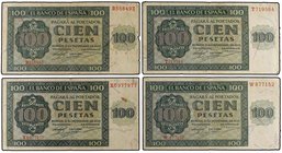 SPANISH BANK NOTES: ESTADO ESPAÑOL
Lote 4 billetes 100 Pesetas. 21 Noviembre 1936. Catedral de Burgos. Serie B, T, X y W. (Pequeñas roturas). MBC-.