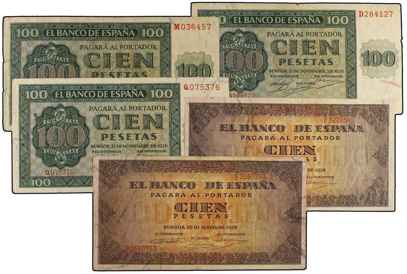 SPANISH BANK NOTES: ESTADO ESPAÑOL
Lote 5 billetes 100 Pesetas. 1936 (3), 1938 ...